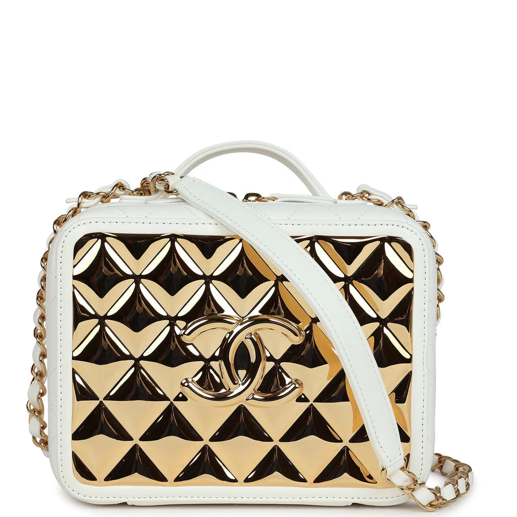 Chanel 21K Small White Lambskin Golden Plate Vanity Case