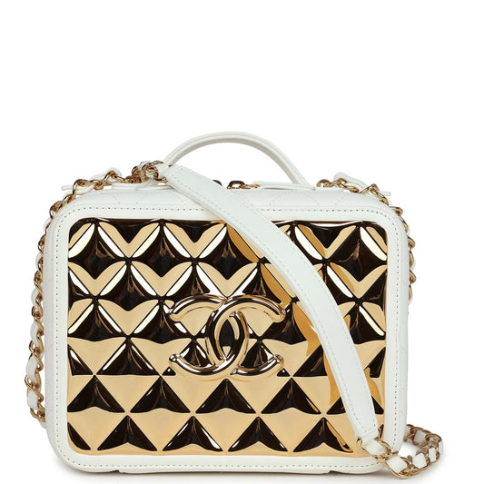 Chanel 21K Small White Lambskin Golden Plate Vanity Case