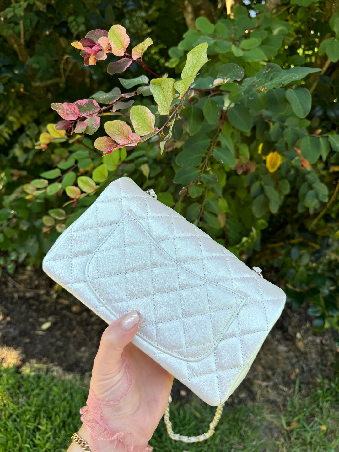Chanel 21S White Iridescent Calfskin Mini Flap Bag