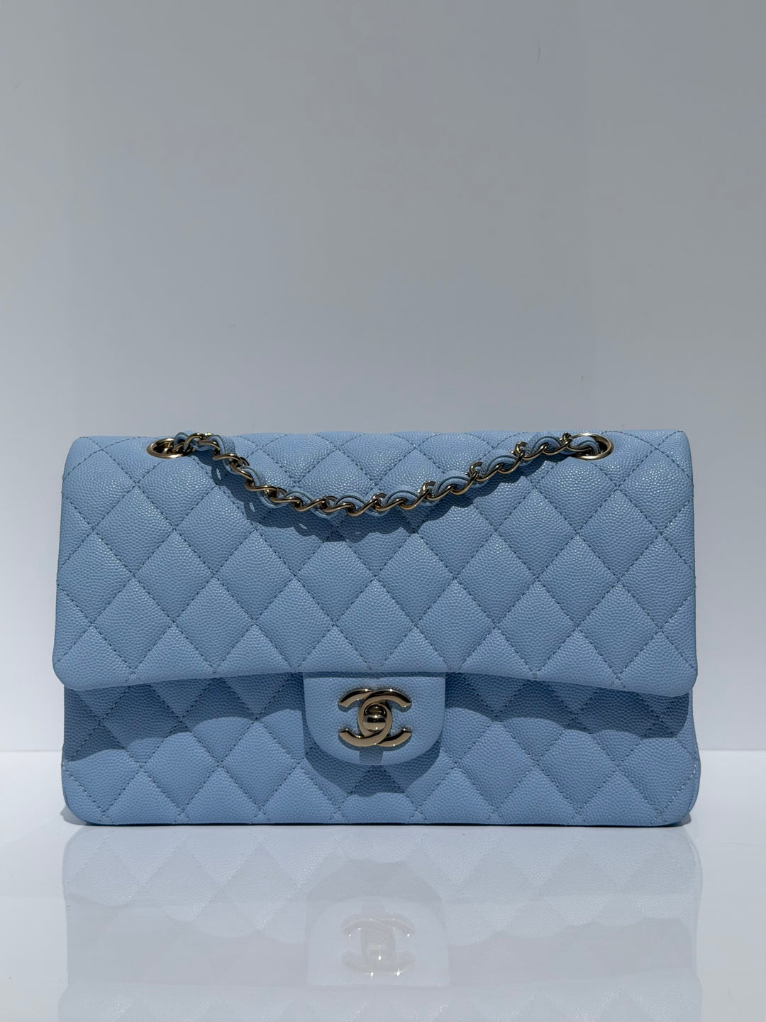 Chanel Medium Classic Double Flap Caviar Light Blue Light Gold Hardware 2023