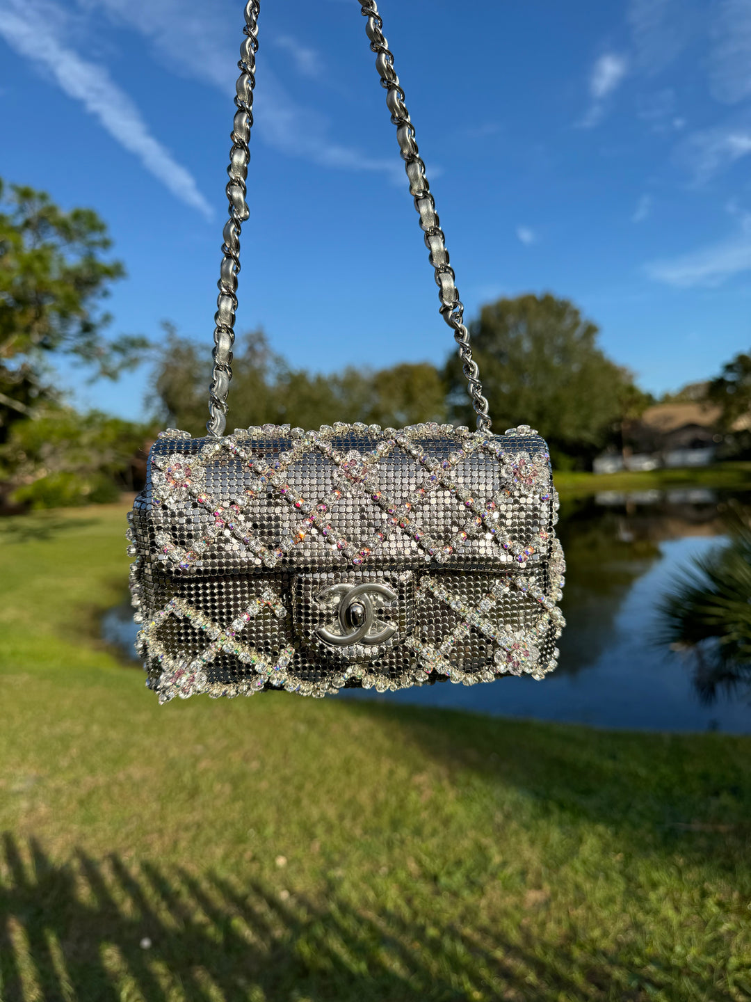 Chanel Silver Crystal Embellished Mini Flap