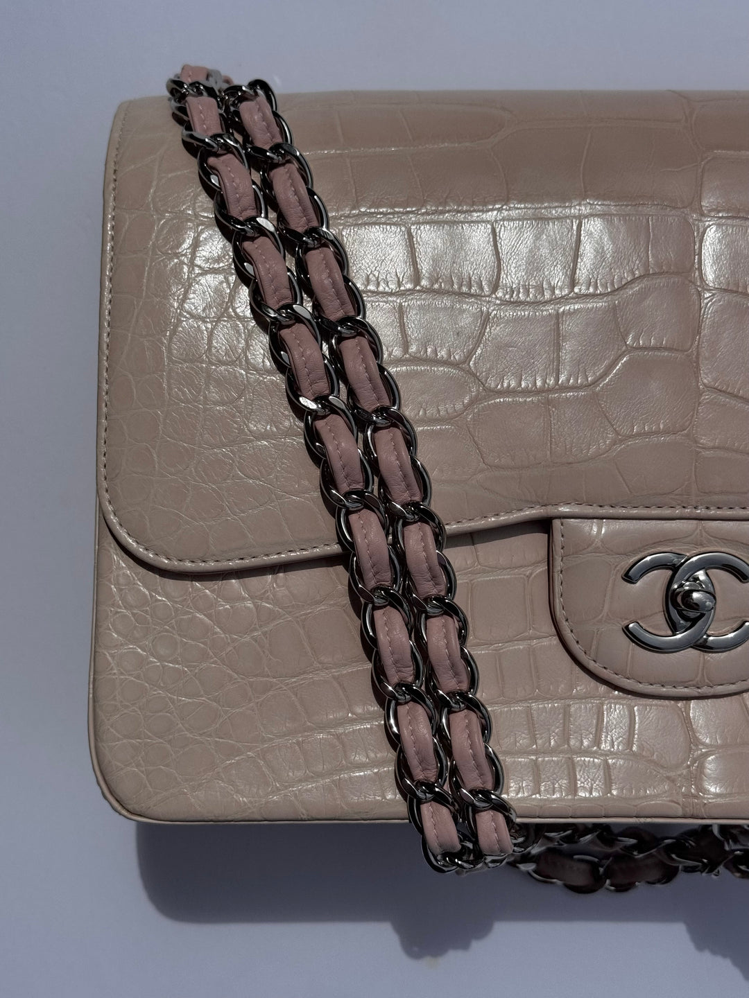 Chanel Jumbo Pink Alligator Double Flap Bag