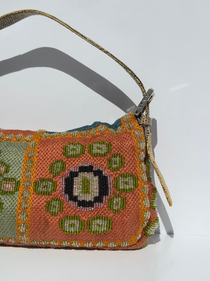 Fendi Multicolor Orange Beaded Baguette Lizard Trim Silver Hardware