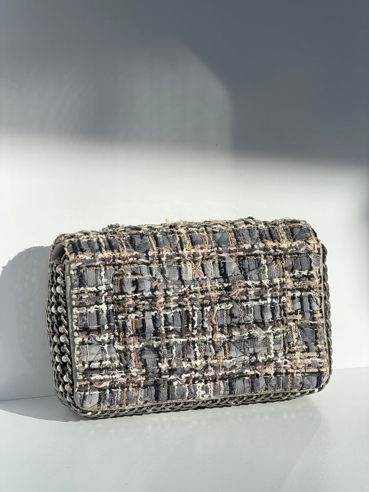 Chanel River of Pearls Mini Flap Quilted Tweed Grey Aged Silver Hardware