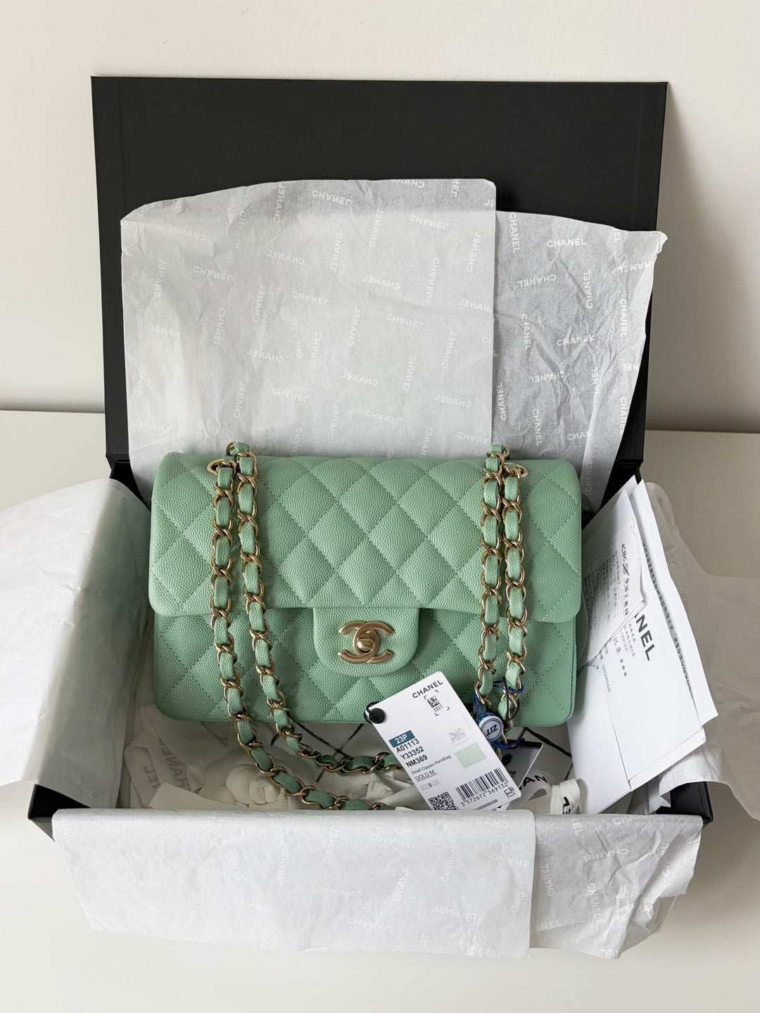 Chanel Small Classic Double Flap Caviar Green Light Gold Hardware 2023