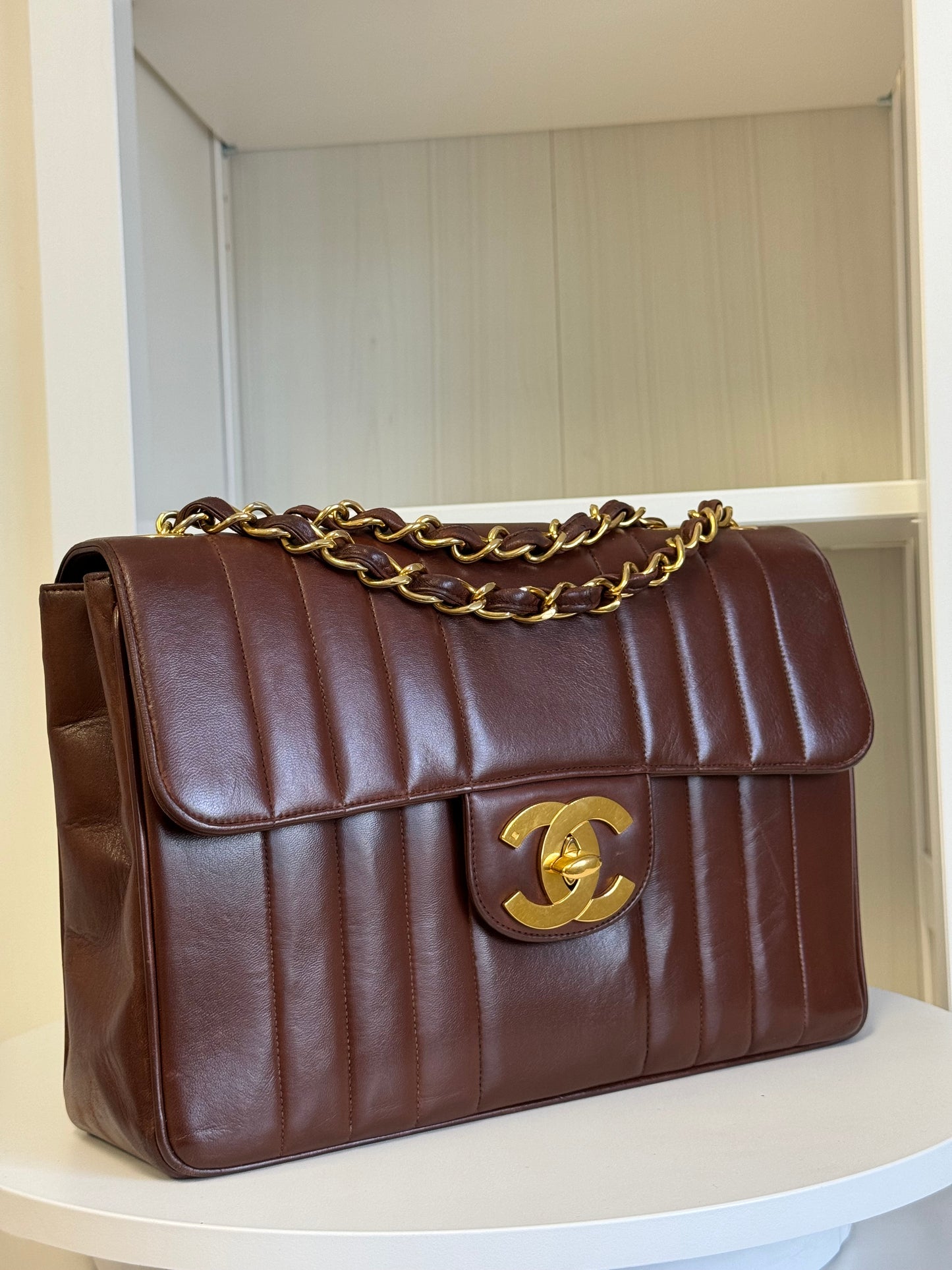 Chanel Brown Vintage Lambskin Vertical Quilt Jumbo Flap