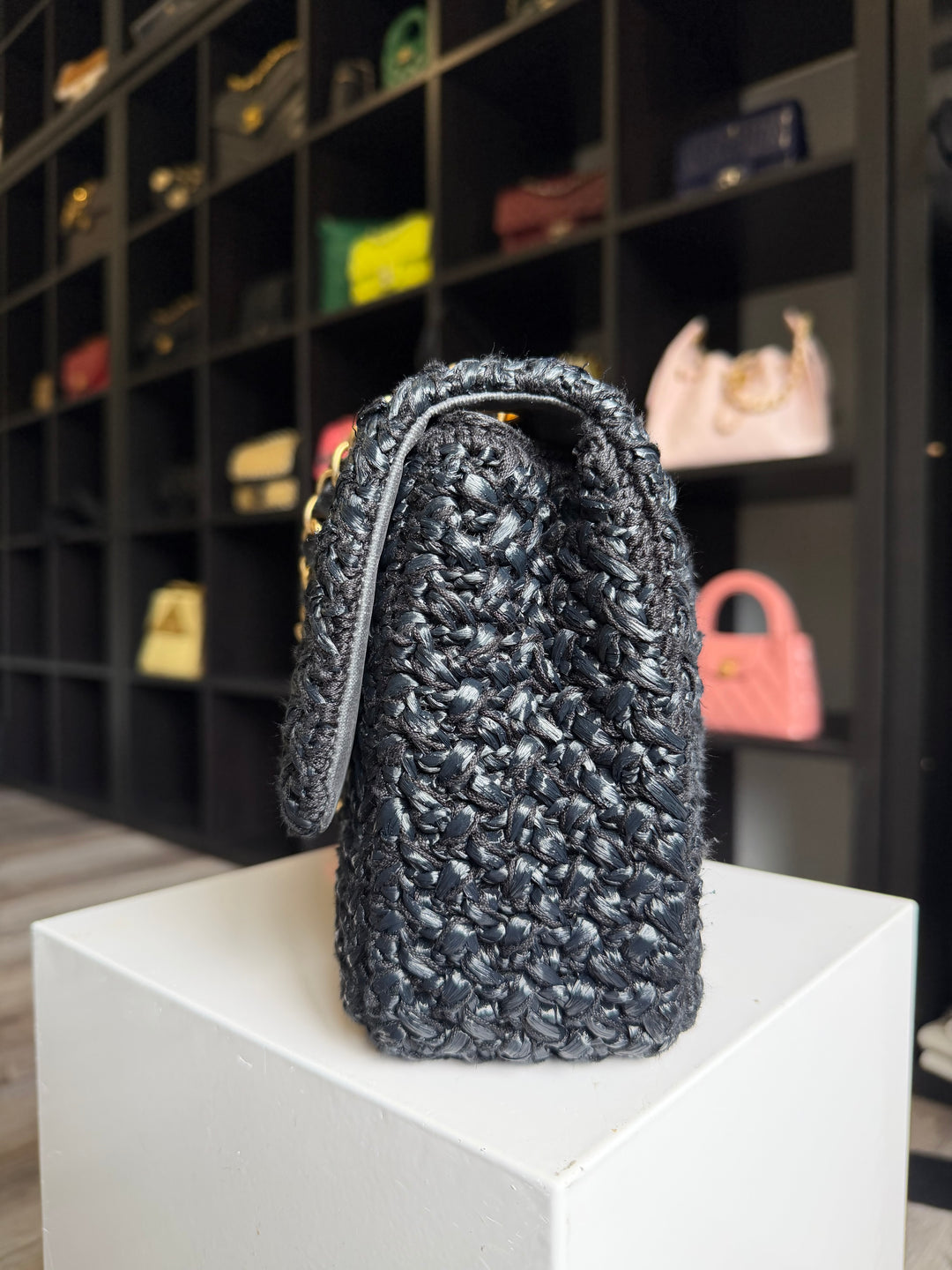 Chanel 18C Black Ancient Greece Raffia Crochet Flap Bag