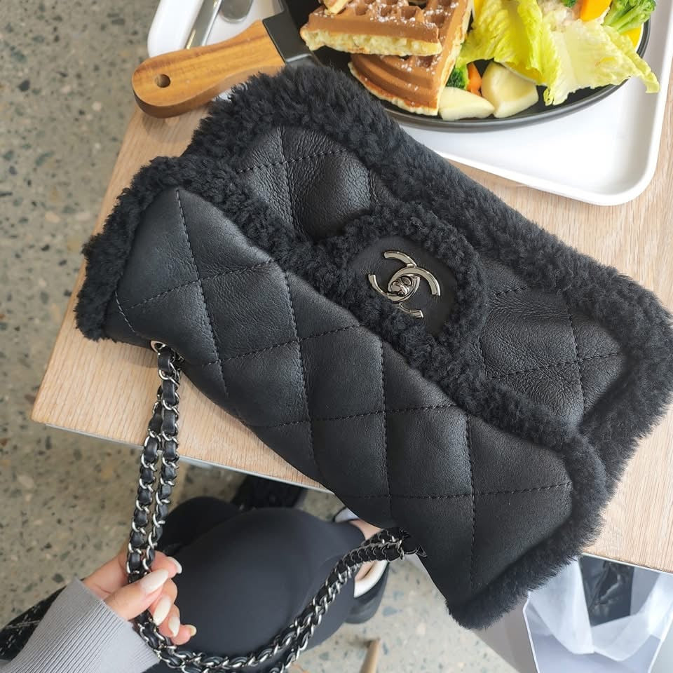 Chanel Medium Black Shearling Coco Neige Flap