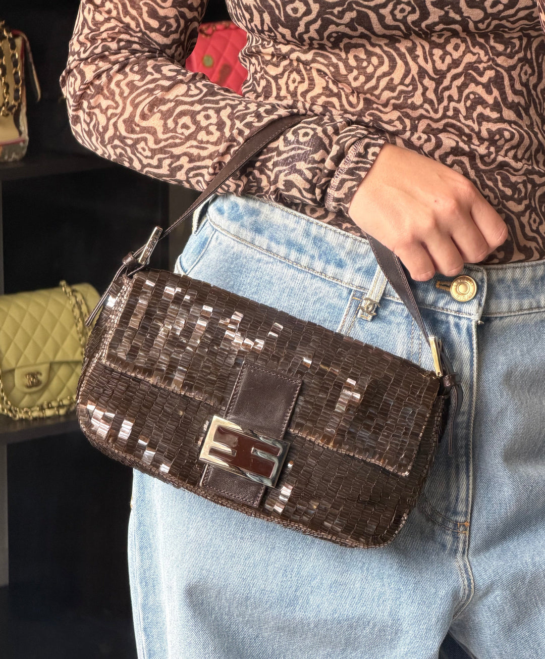 Fendi Brown Sequin Zucca FF Baguette Silver Hardware