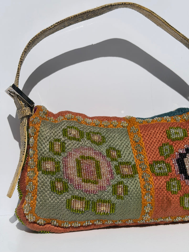 Fendi Multicolor Orange Beaded Baguette Lizard Trim Silver Hardware
