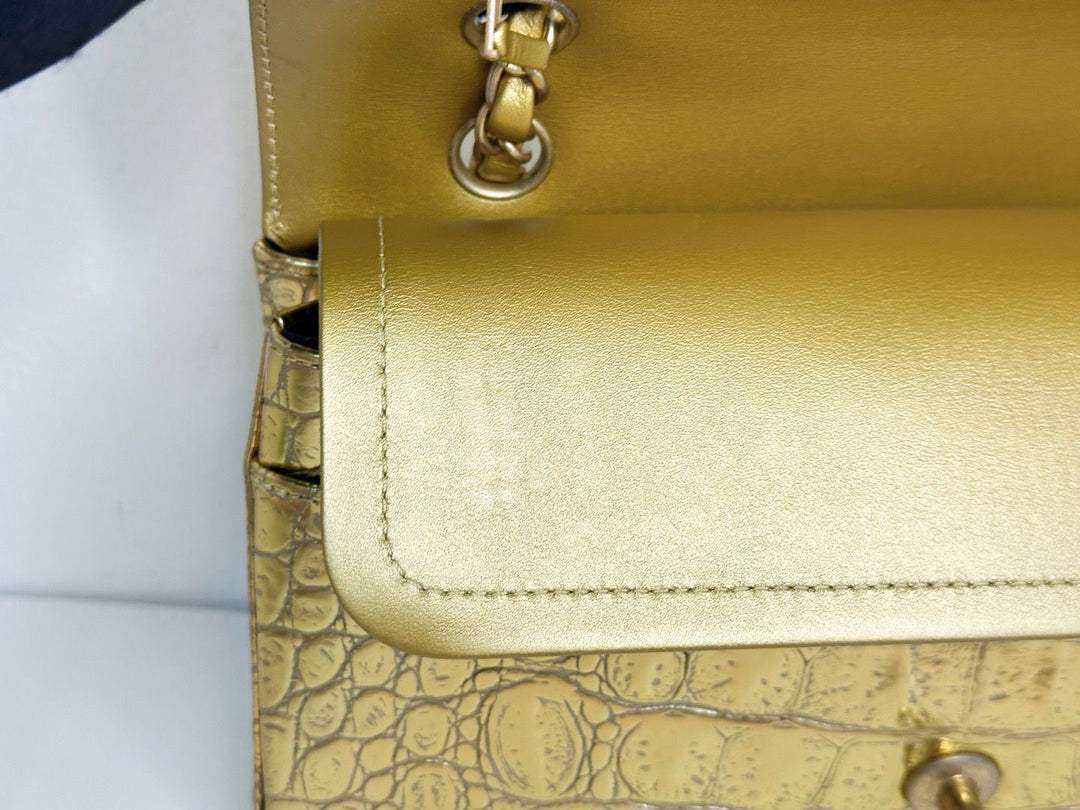Chanel Metallic Gold Croc Embossed Medium Classic Flap Bag