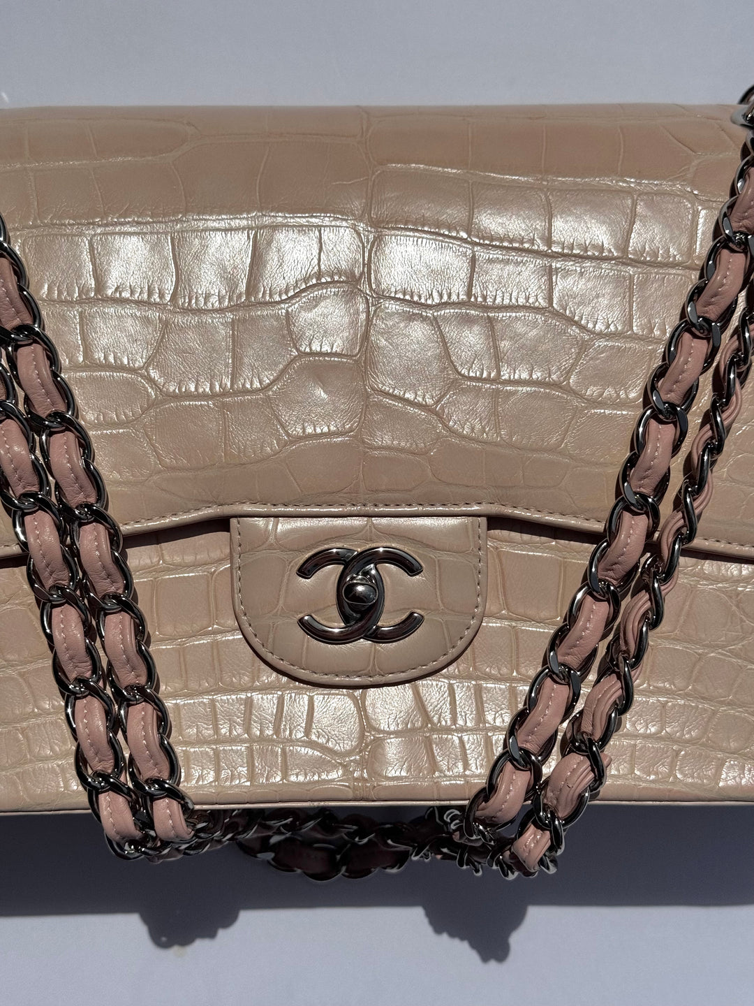 Chanel Jumbo Pink Alligator Double Flap Bag