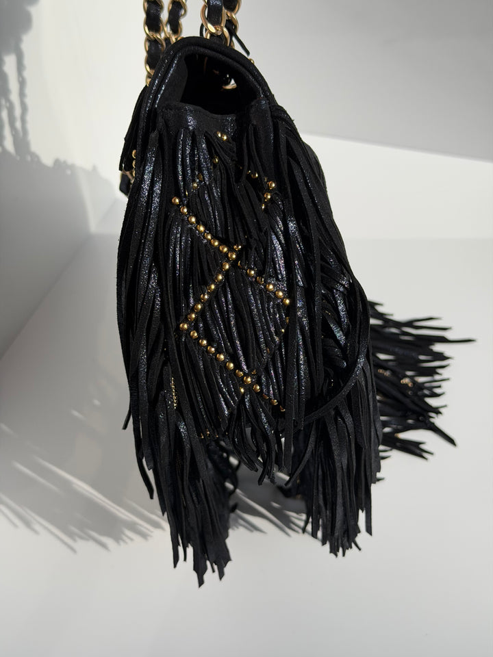 Chanel Paris-Dallas Medium Fringe Flap Bag Black Iridescent Leather Brushed Gold Tone Hardware 2014