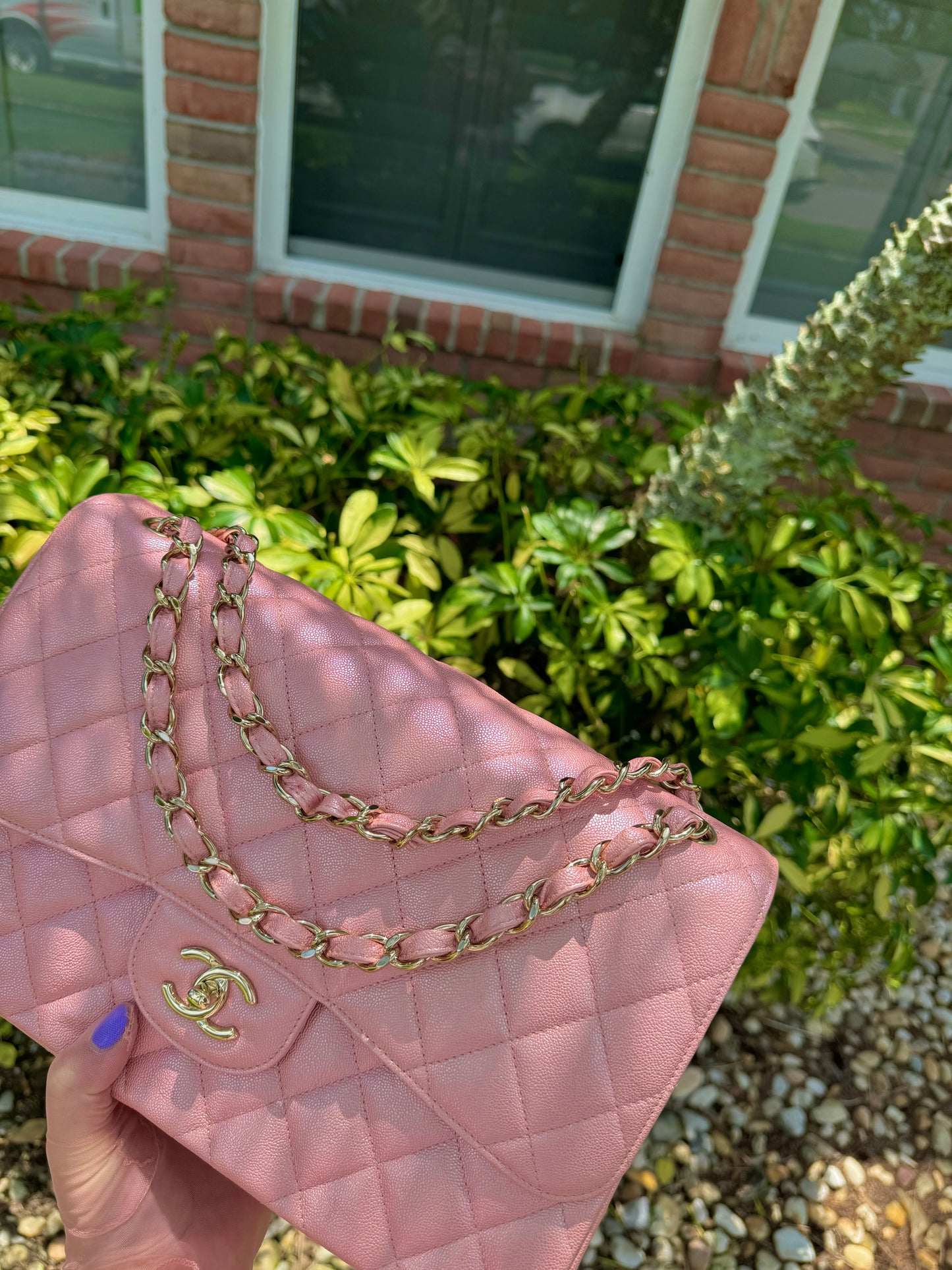 Chanel 19S Pink Iridescent Jumbo Caviar Double Flap Bag