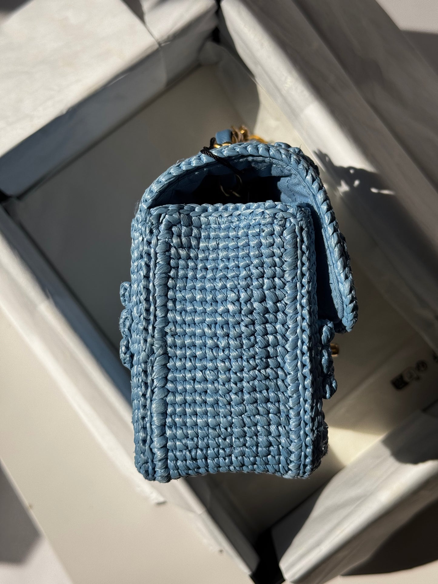 Chanel 24P Blue Braided Raffia Mini Flap Bag