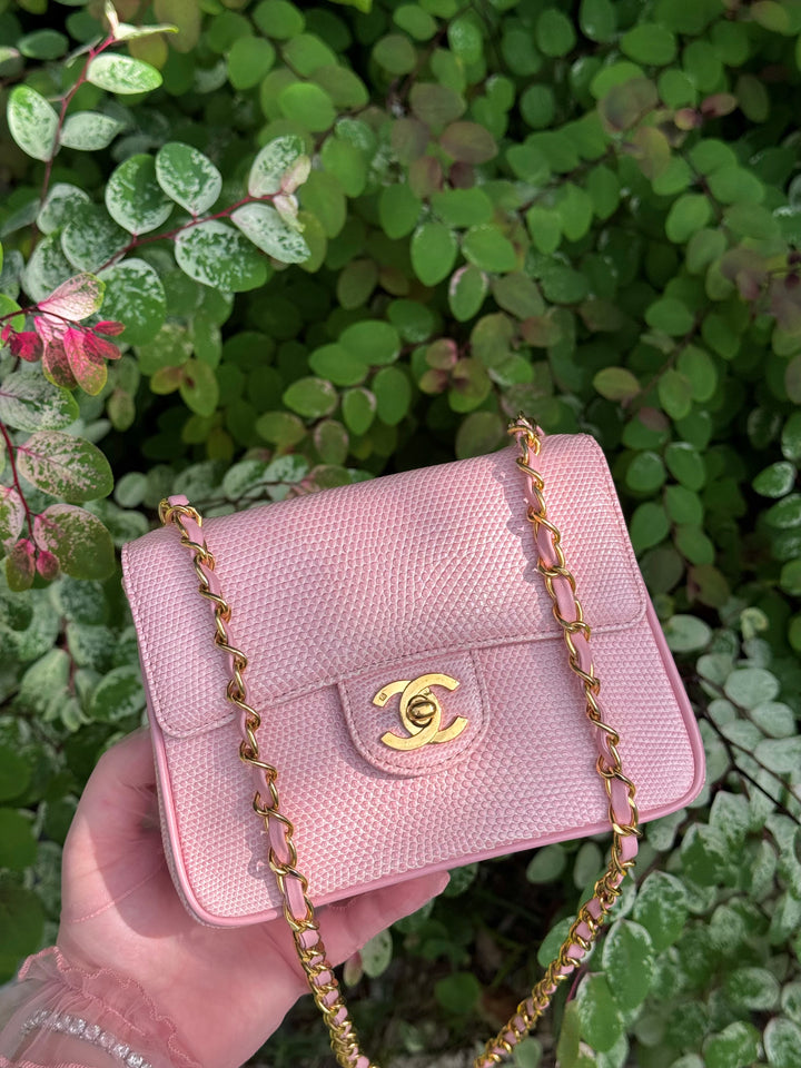 Chanel Sakura Pink Vintage Lizard Mini Square Flap Bag