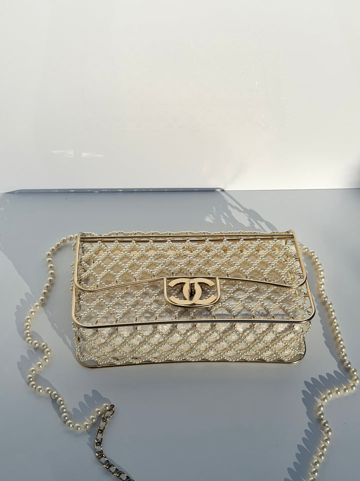 Chanel 2014 Pearl Embellished Caged Flap Minaudière Bag