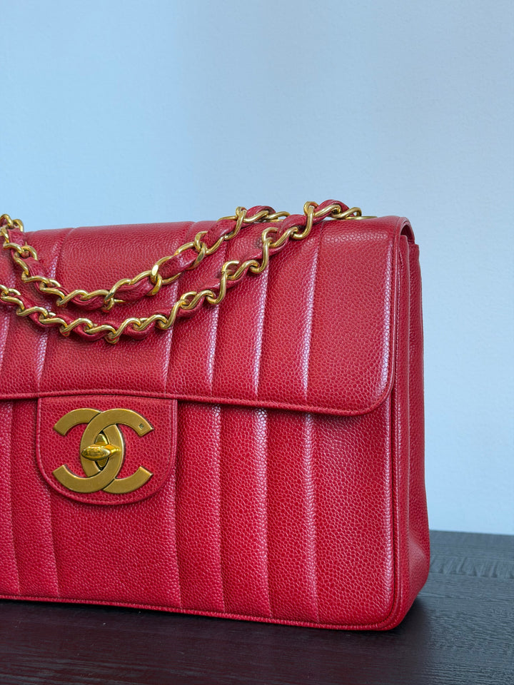 Chanel Vertical Flap Jumbo Red Caviar 24K Gold Plated Hardware 1994