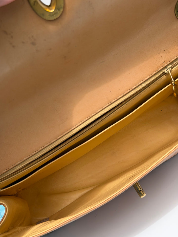 Chanel Jumbo Classic Flap Bag Tan Debossed Logo Calfskin Whipstitched Gold Hardware 1994