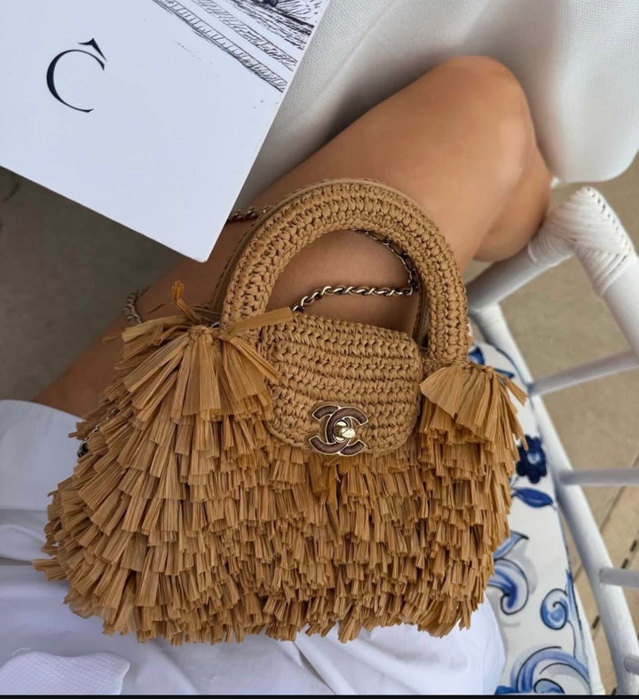 Chanel Mini Kelly Bag Dark Beige Raffia-Effect Fabric Fringe Gold Tone Hardware 2026
