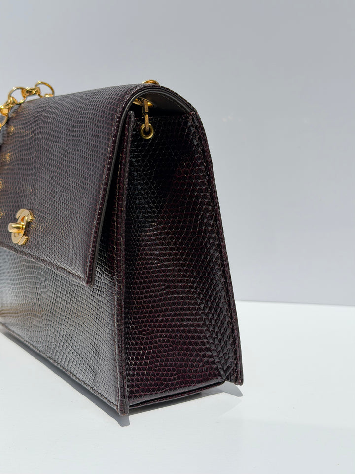 Chanel Small Trapezoid Flap Bag Burgundy Lizard Leather Gold Hardware With Bijoux Chain 1989