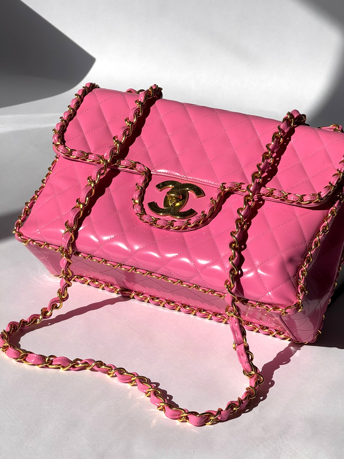 Chanel 1995 Jumbo Barbie Pink Chain Around Flap Bag