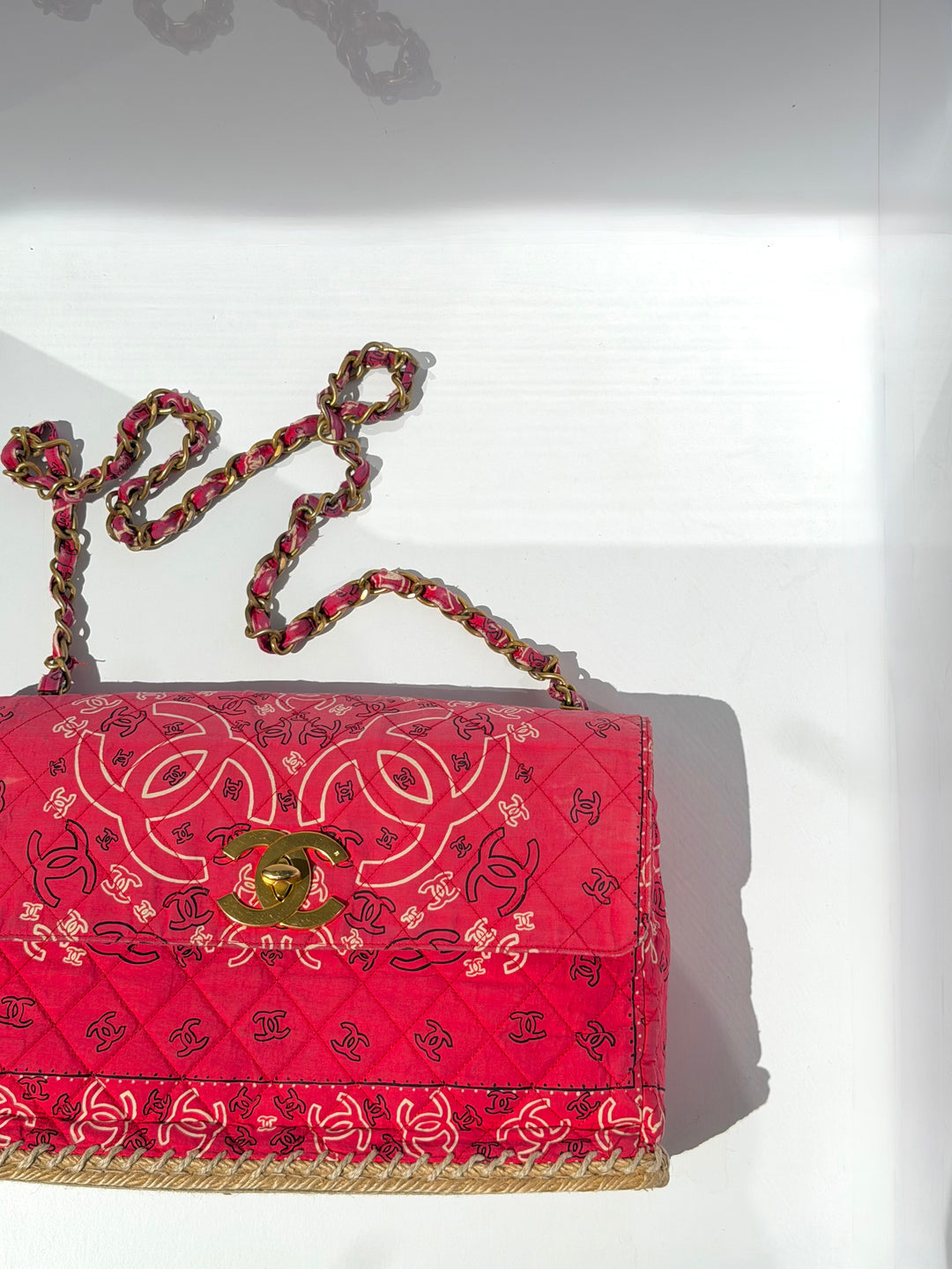 Chanel Vintage Red Bandana Paisley Print Straw Maxi Jumbo Flap Bag 1994