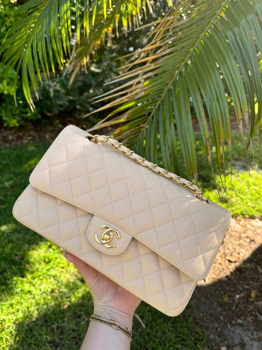 Chanel 2008 Beige Claire Medium Caviar Classic Flap W 24K GHW