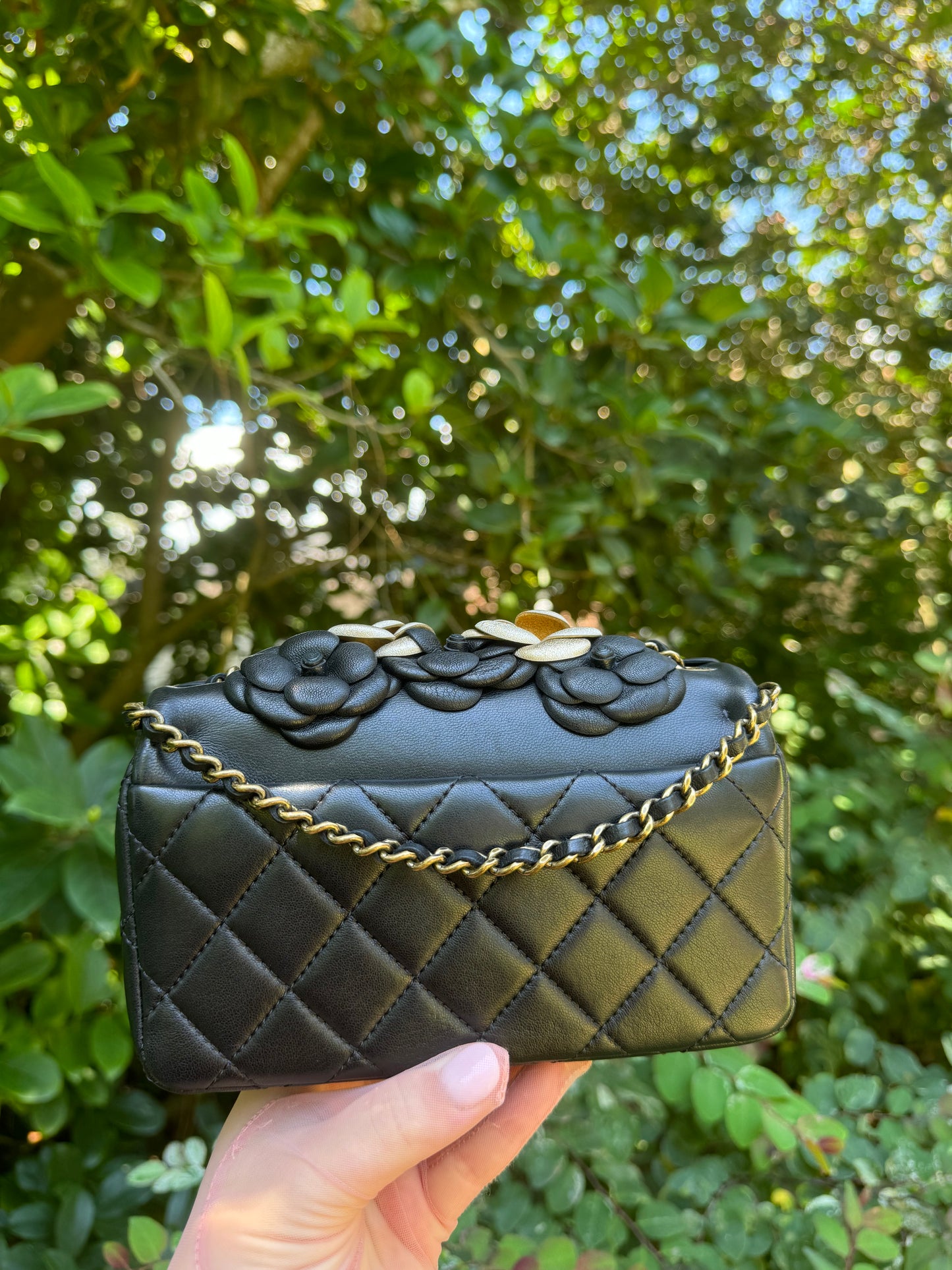 Chanel Metallic Gold And Black Lambskin Camellia Rose Appliqué Mini Rectangle Flap