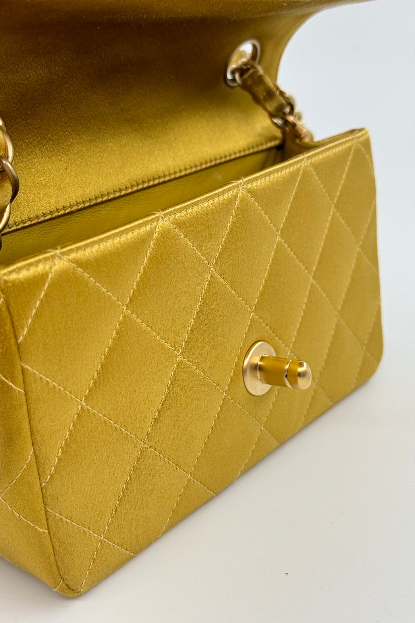 Chanel Gold Satin Mini Rectangle Flap