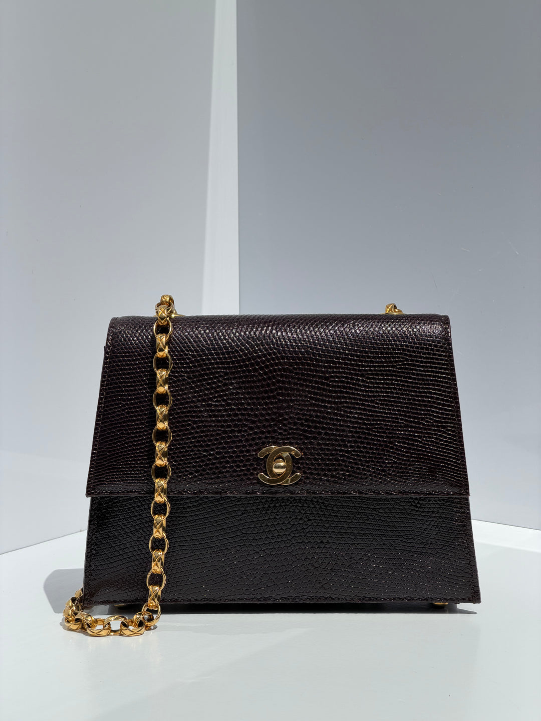 Chanel Small Trapezoid Flap Bag Burgundy Lizard Leather Gold Hardware With Bijoux Chain 1989