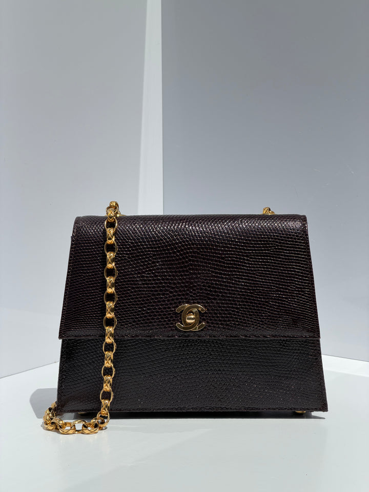 Chanel Small Trapezoid Flap Bag Burgundy Lizard Leather Gold Hardware With Bijoux Chain 1989