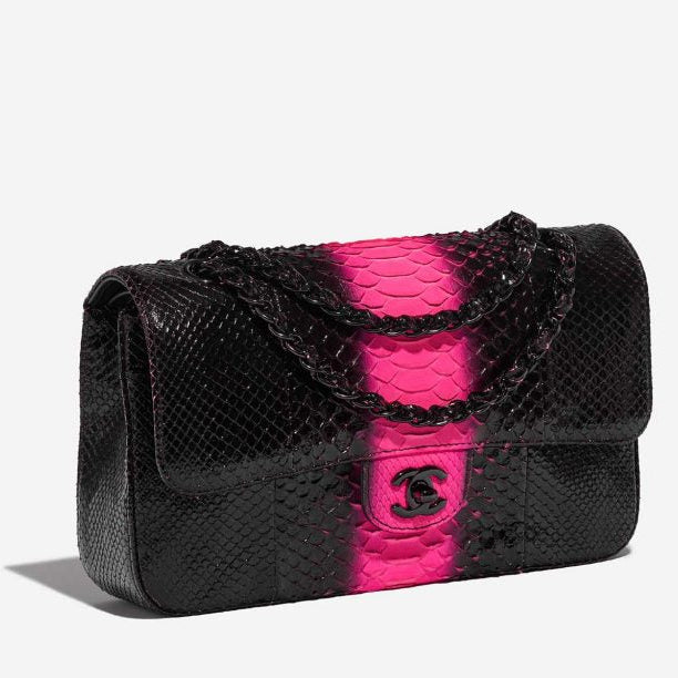 Chanel Medium Classic Double Flap Python Black/Pink Black Hardware 2017