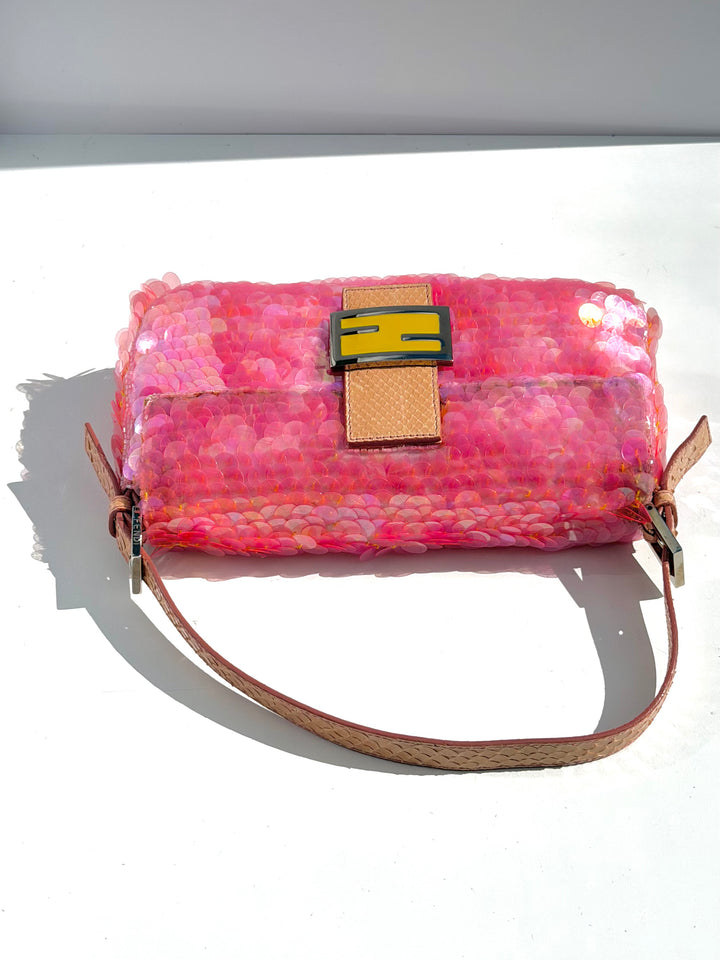 Fendi Pink Sequin Baguette Python Trim Silver Hardware 1998