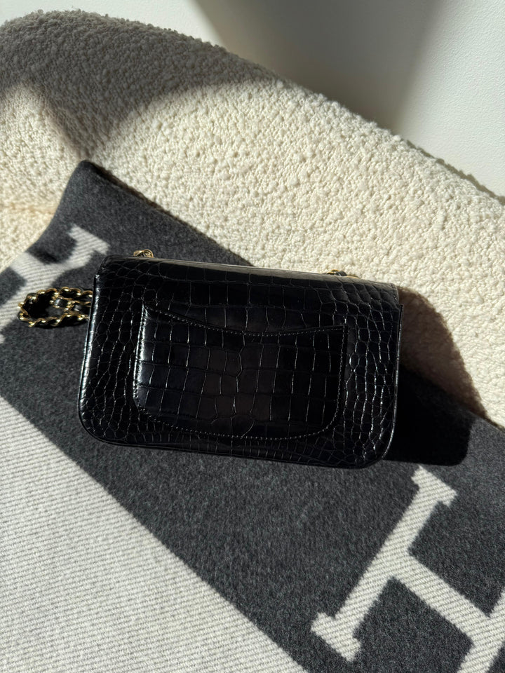 Chanel Mini Classic Flap Alligator Black Gold Hardware 2018