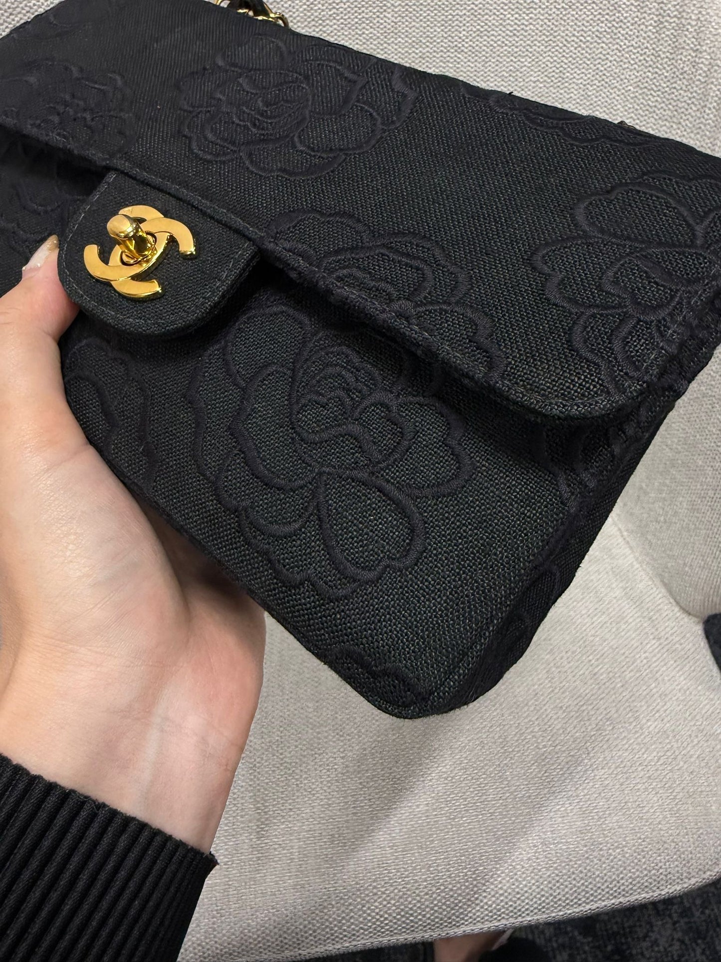 Chanel 1997 Small 24K Black Camellia Classic Flap Bag