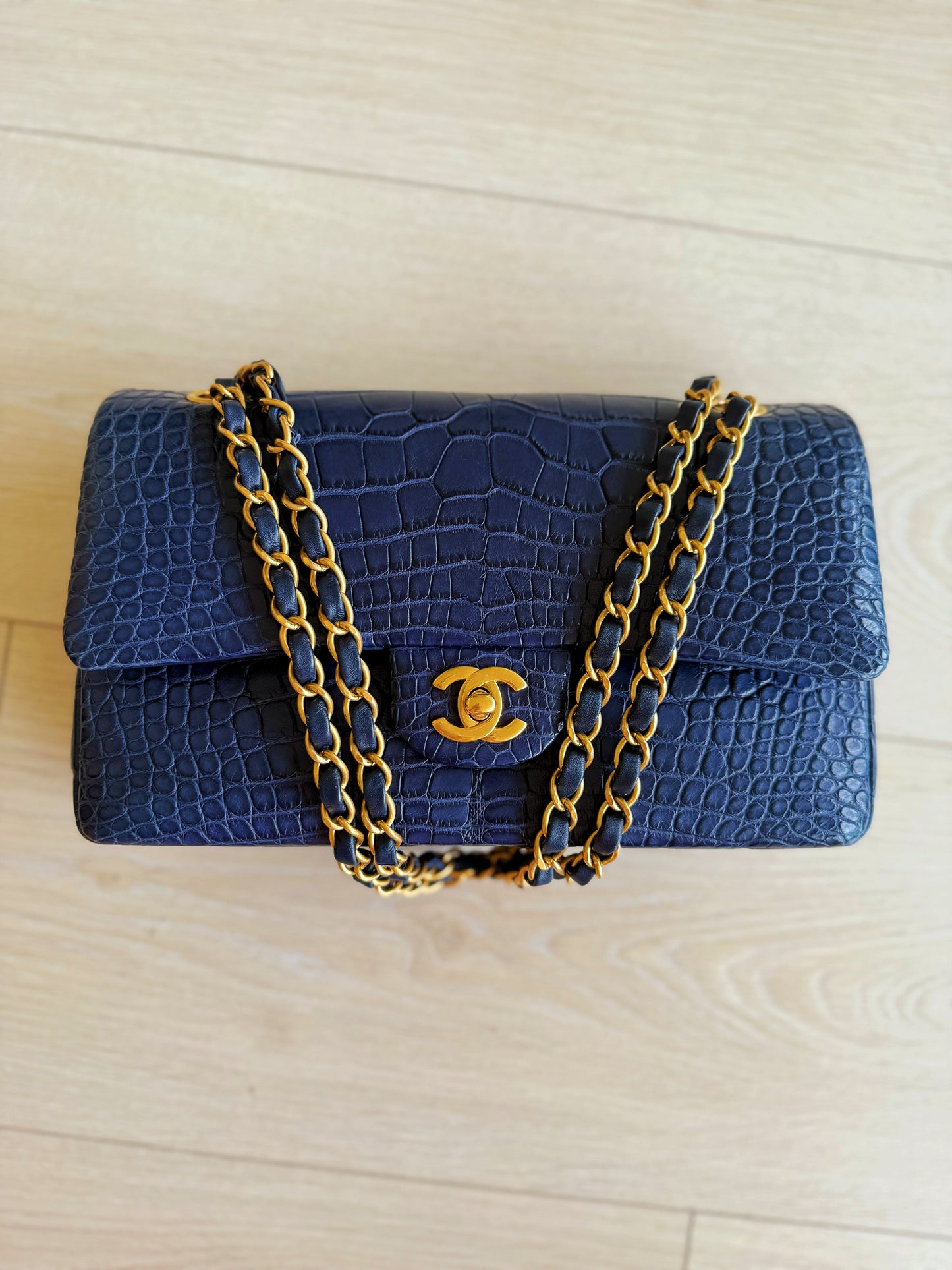 Chanel Navy Blue Matte Alligator Medium Classic Flap Bag