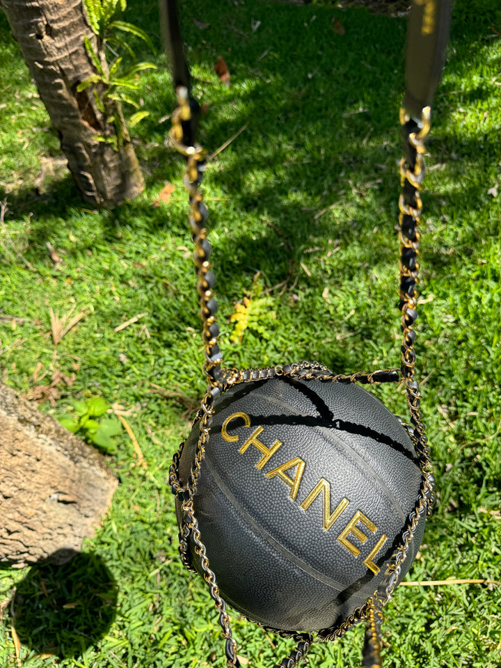 Chanel 2019 Black Rubber Basketball and Black Calfskin Net Chain