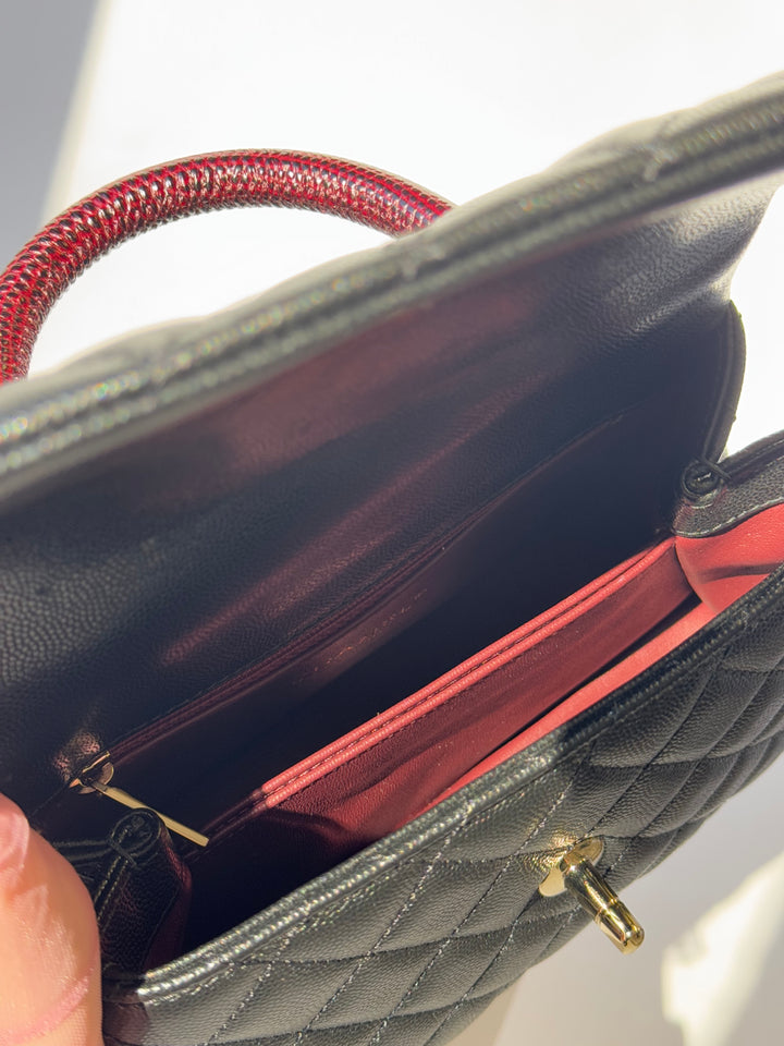 Chanel Small Black Caviar Coco + Burgundy Lizard Top Handle