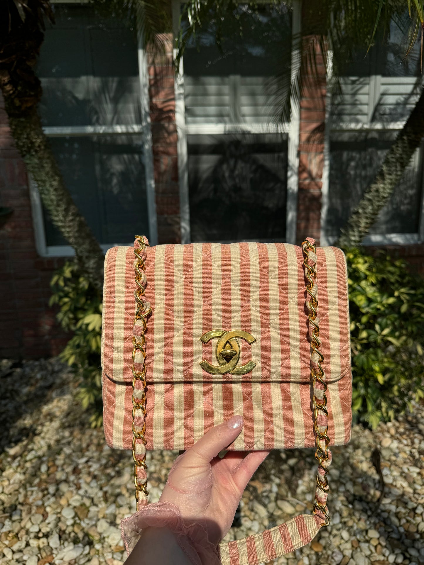 Chanel 24K Vintage Pink Striped Large Flap