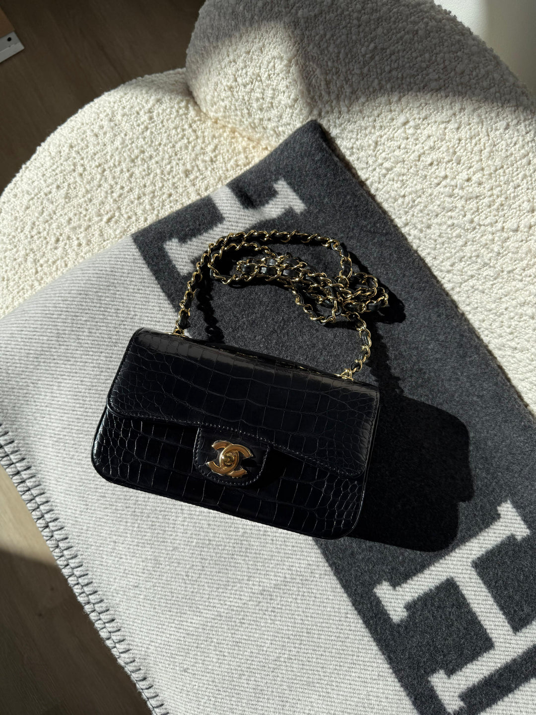 Chanel Mini Classic Flap Alligator Black Gold Hardware 2018