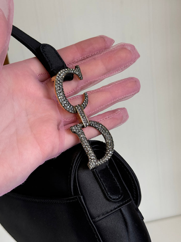 Christian Dior Black Satin Crystal Mini Saddle