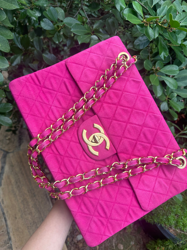 Chanel 1990 RARE Hot Pink Denim Maxi Flap Bag