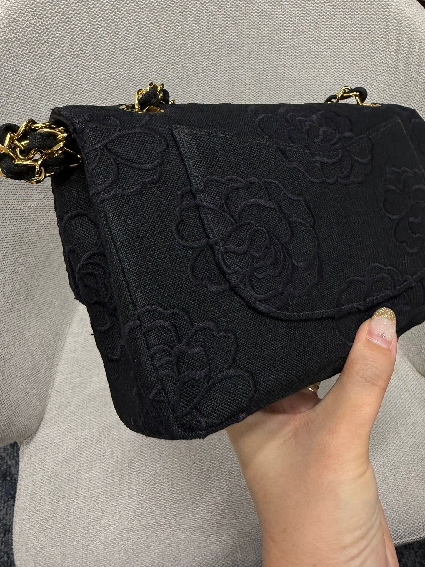 Chanel 1997 Small 24K Black Camellia Classic Flap Bag