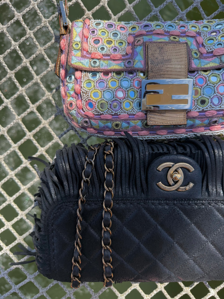Fendi Baguette Mirror Specchietti Bag Multicolor Silk Embroidery & Beading Lizard Trim 2009