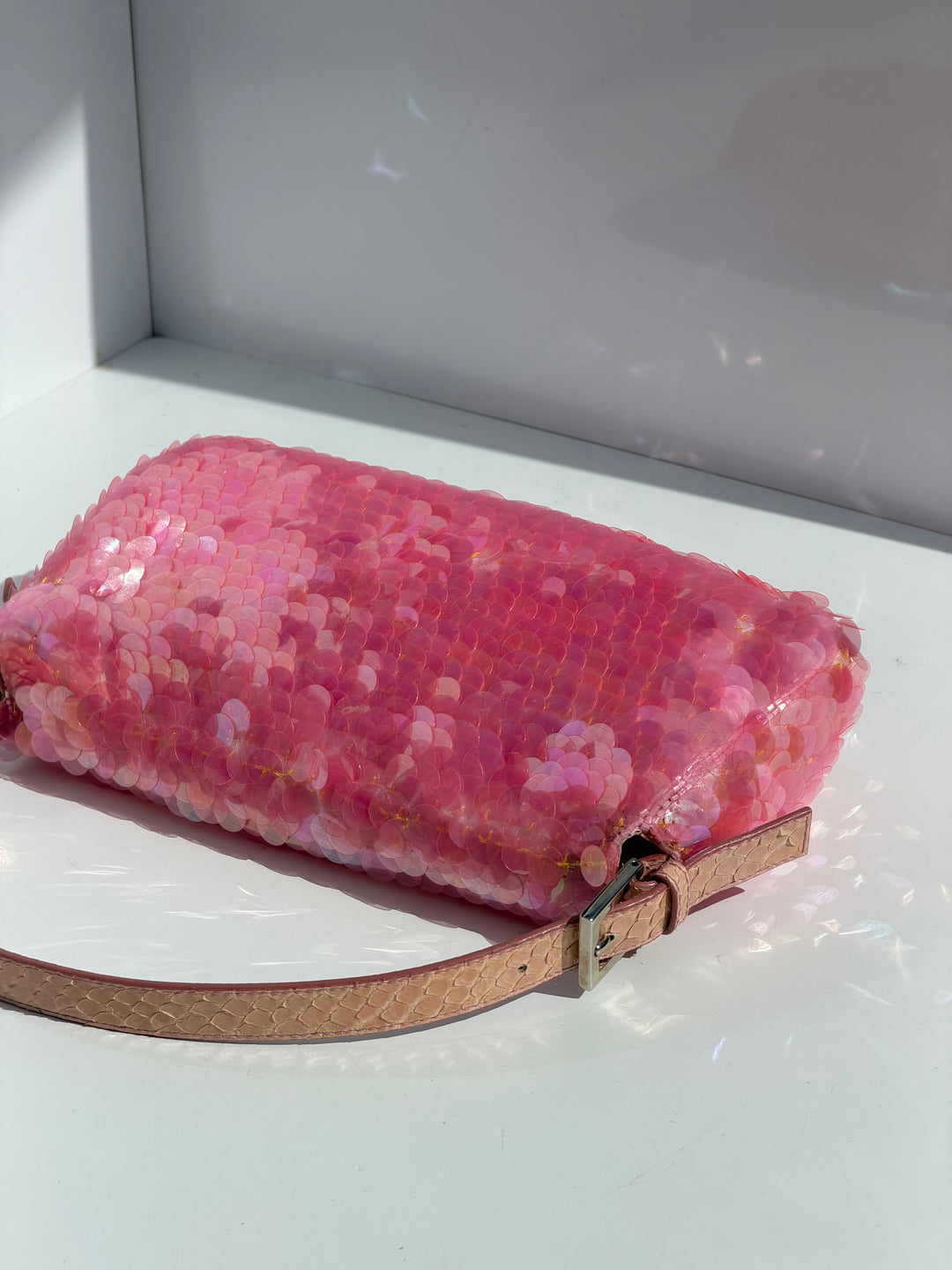 Fendi Pink Sequin Baguette Python Trim Silver Hardware 1998
