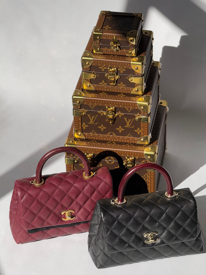 Chanel Small Black Caviar Coco + Burgundy Lizard Top Handle