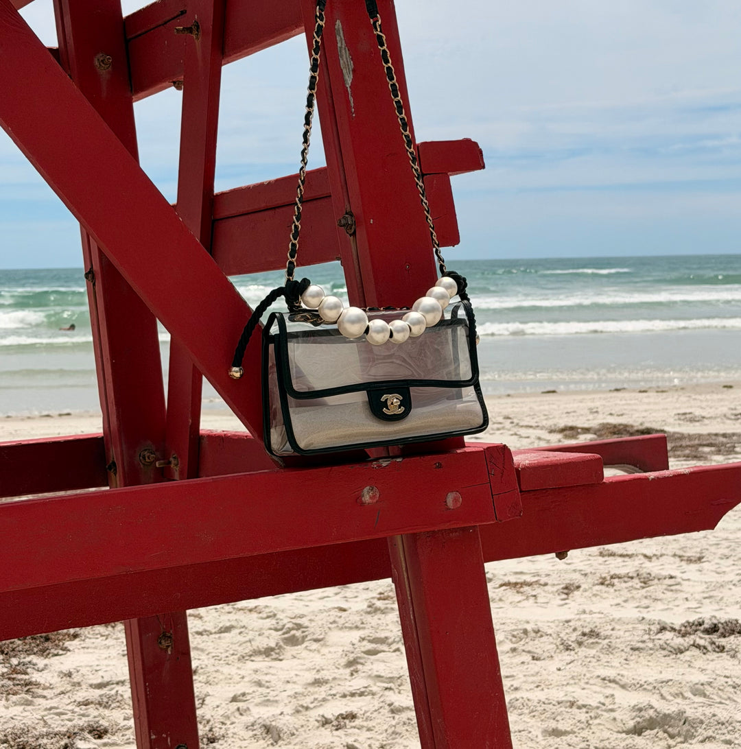 Chanel Sand By The Sea Pearl Strap Flap Bag PVC Black Light Gold Hardware 2019