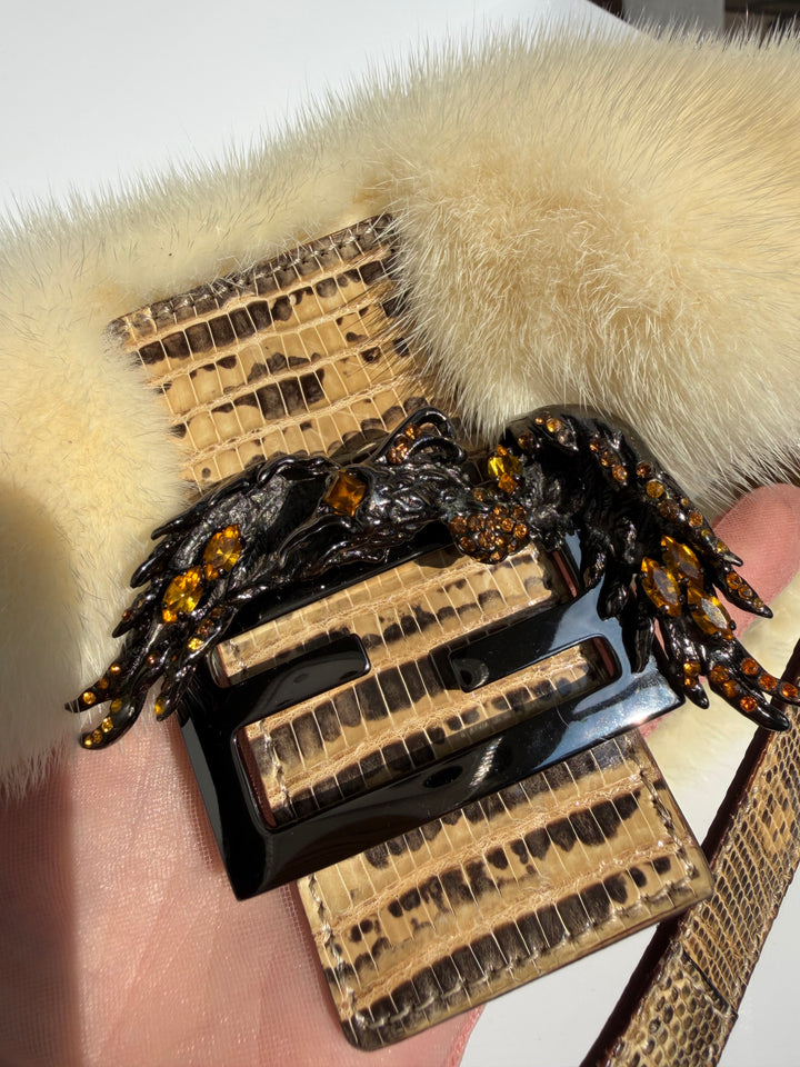 Fendi Crystal Embellished Baguette White Mink Fur Lizard Trim Gold Tone Hardware