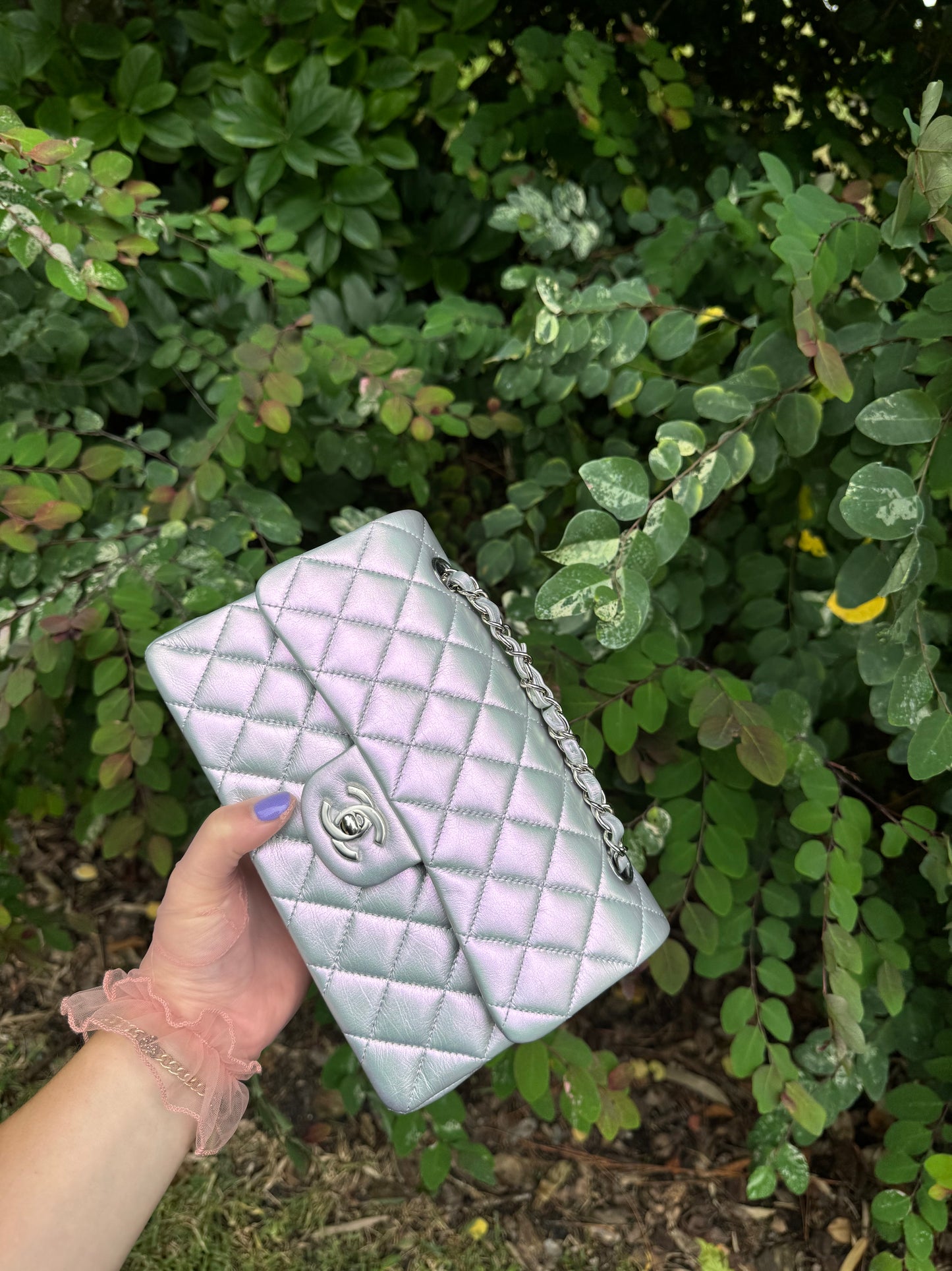 Chanel 21K Small Calfskin Pearl Iridescent Double Flap